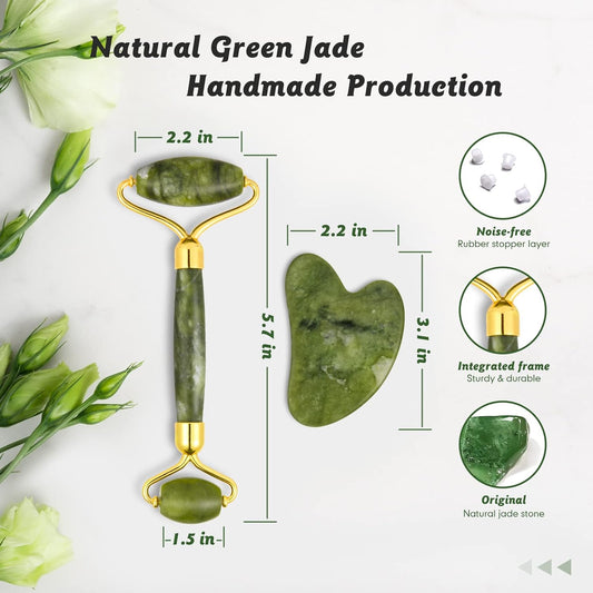Jade Roller & Gua Sha Set - Anti-Aging Facial Roller With Natural Jade Massager Tool